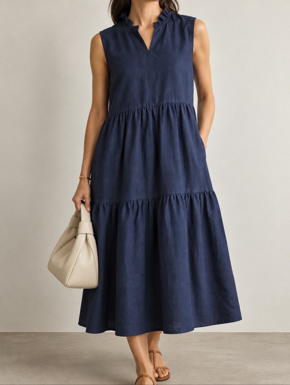 Le Ragazze Made in Italy Navy Tiered Midi Dress Ruffle Neck Sleeveless Capsule